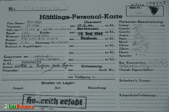 Prisoners' registration card