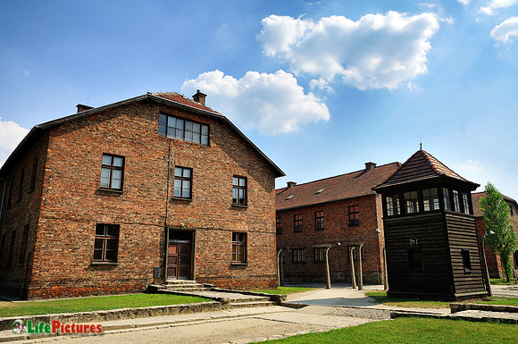 Blocks and guard tower at Auschwitz