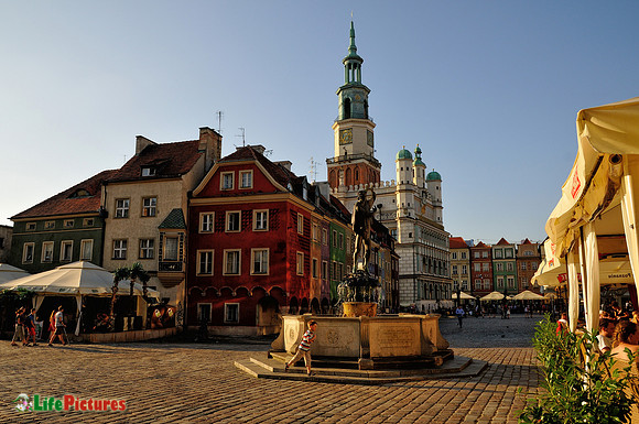 Poznan, the old market square with the merchant houses on the left